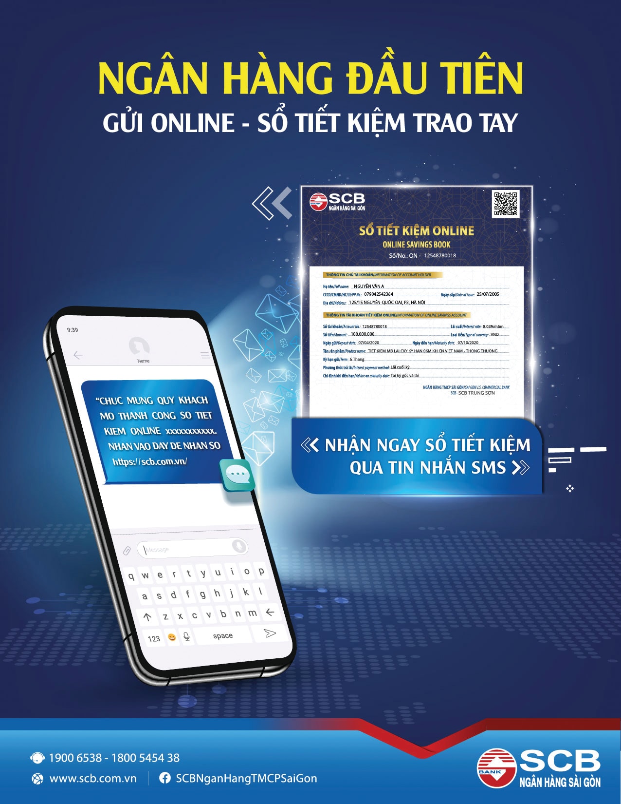 p/SCB là ngân hàng đầu tiên trên thị trường triển khai tính năng gửi sổ tiết kiệm online qua SMS.