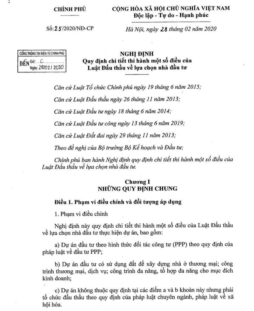 Ngày 28/2/2020, Thủ tướng Chính phủ đã ký ban hành Nghị định 25/2020/NĐ-CP quy định chi tiết thi hành một số điều của Luật Đấu thầu về lựa chọn nhà đầu tư, thay thế Nghị định 30/2015/NĐ-CP 