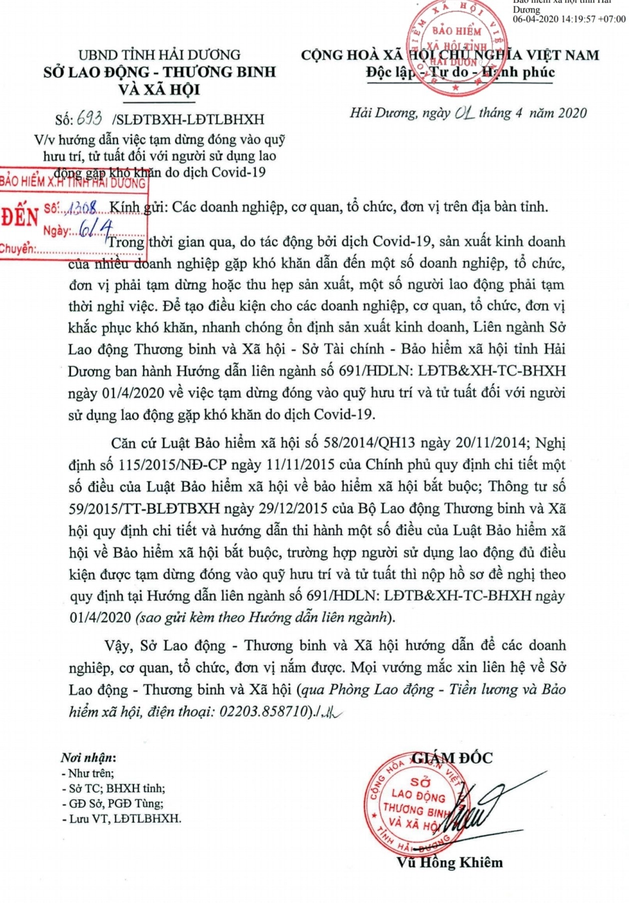 Sở Lao động Thương binh và Xã hội tỉnh Hải Dương vừa ban hành công văn số 693 hướng dẫnp/thực hiện tạm dừng đóng vào quỹ hưu trí, tử tuất đối với doanh nghiệp bị ảnh hưởng bởi dịch COVID-19.