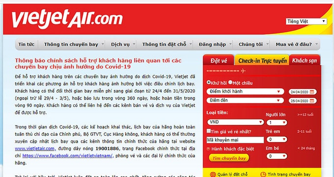 Thông tin về chính sách hỗ trợ của Vietjet đối với những chuyến bay bị ảnh hưởng của dịch COVID-19 được thông tin trên website của hãng.