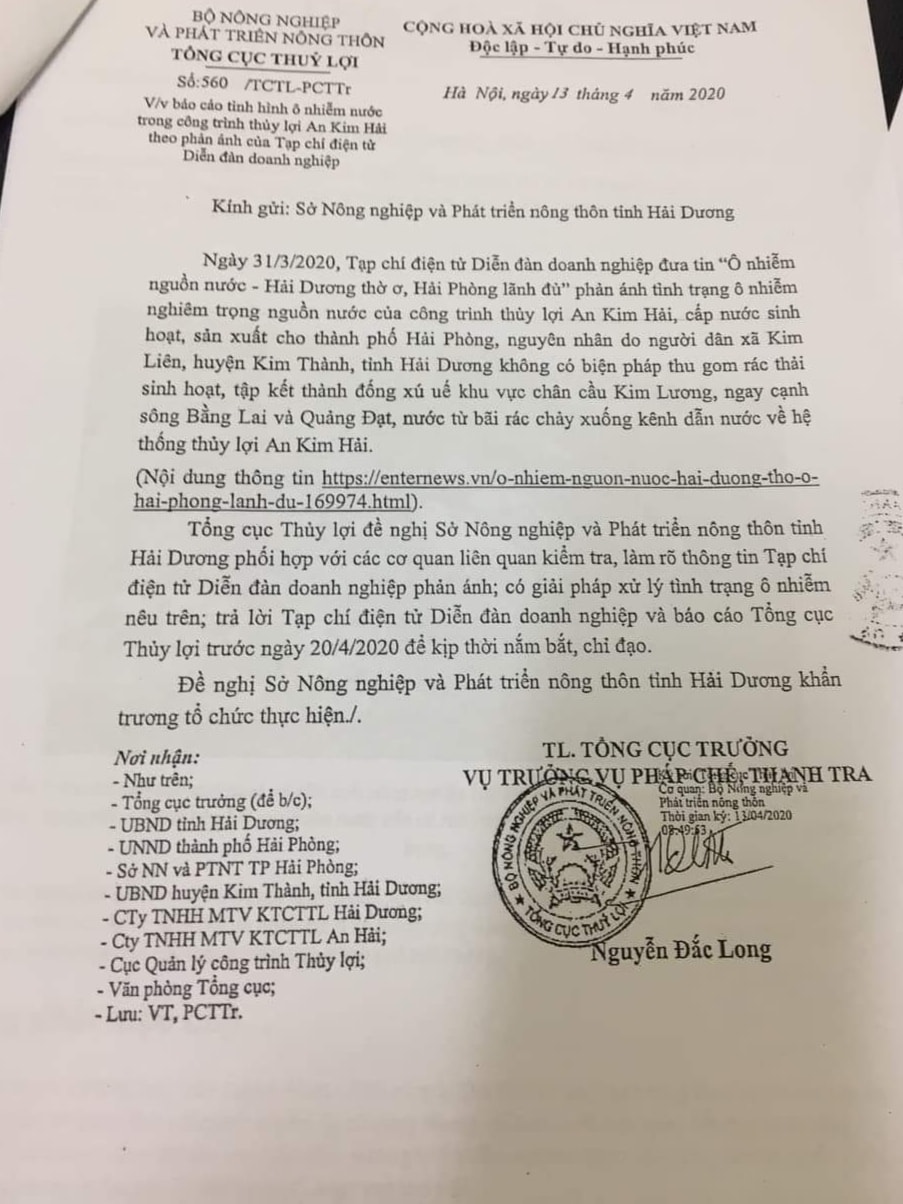 Tổng cục Thủy lợi có văn bản đề nghị Sở Nông nghiệp và phát triển nông thôn tỉnh Hải Dương phối hợp với các cơ quan liên quan, kiểm tra làm rõ thông tin Tạp chí Diễn đàn Doanh nghiệp phản ánh, có giải pháp xử lý tình trạng ô nhiễm đã nêu