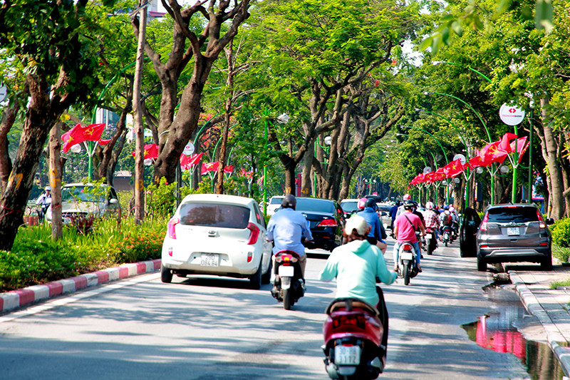 Hai bên đường Thanh Niên được phủ kín là cờ đỏ Sao Vàng và cờ Đảng