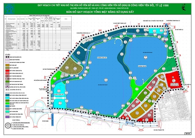 Bản đồ quy hoạch tổng mặt bằng sử dụng đất Khu đô thị ven hồ Yên Sở và khu Công viên Yên Sở.