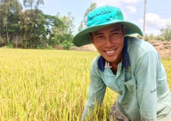 Tỷ phú Đặng Minh Vương bên ruộng lúa của mình. Ảnh: Thanh Bình.