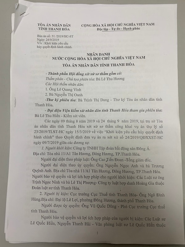 Toà sơ thẩm TAND tỉnh Thanh Hoá huỷ việc phạt hành vi khai sai dẫn tới thiếu số tiền thuế giá trị gia tăng và thu nhập doanh nghiệp phải nộp là hơn 619 triệu đồng; truy thu thuế thu nhập doanh nghiệp 1,62 tỷ đồng; số tiền chậm nộp thuế giá trị gia tăng hơn 500 triệu đồng, số tiền chậm nộp thuế thu nhậpp/doanh nghiệp 314 triệu đồng