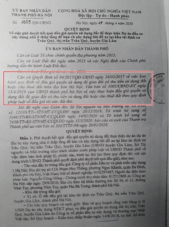 Quyết định phê duyệt kết quả trúng đấu giá quyền sử dụng đất của UBND TP Hà Nội