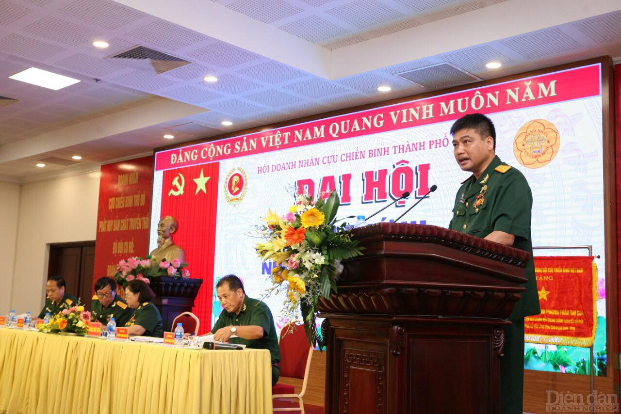 Ông Hoàng Mạnh Cường phát biểu tại Đại hội lần thứ III, nhiệm kỳ 2019 - 2024 với vai trò là Phó Chủ tịch Hội DN Cựu chiến binh Hà Nội