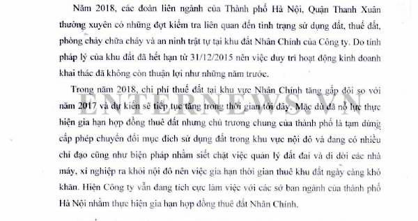 Báo cáo hoạt động của Hội đồng quản trị tại Đại hội cổ đông thường niên 2019 cho biết khu đất đã hết hạn cho thuê từ 31.12.2015