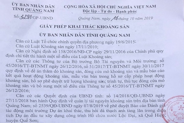 giấy phép số 3291/GP-UBND ngày 16/10/2019 về việc cho phép khai thác đá tảng lăng thạch anh 