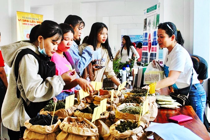 Gian hàng nguyên liệu, dầu thảo mộc của cô Thu được nhiều sinh viên nữ quan tâm.