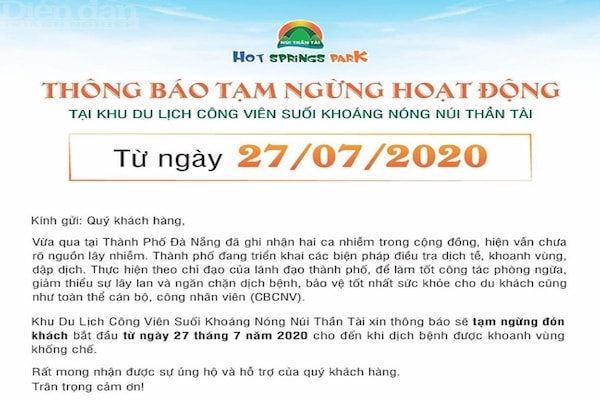 Một khu du lịch tại Đà Nẵng thông báo tạm dừng hoạt động do dịch COVID-19 ở Đà Nẵng tái bùng phát.