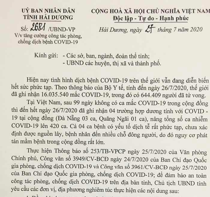 UBND tỉnh Hải Dương yêu cầu kể từ ngày 14.7 phải thực hiện khai báo y tế và cách ly, theo dõi sức khỏe 14 ngày tại nhà với những người đi và đến từ TP Đà Nẵng về Hải Dương.