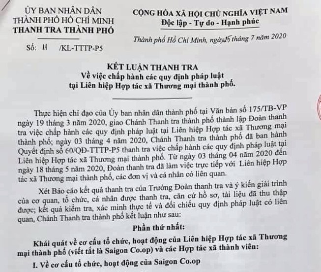 Kết luận thanh tra của Thanh tra TP.HCM về việc chấp hành các quy định củap/Saigon Co.op.