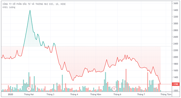 Liên tiếp giảm sàn khiến giá trị cổ phiếu DIC chỉ còn 1.190đ/cổ phiếu.