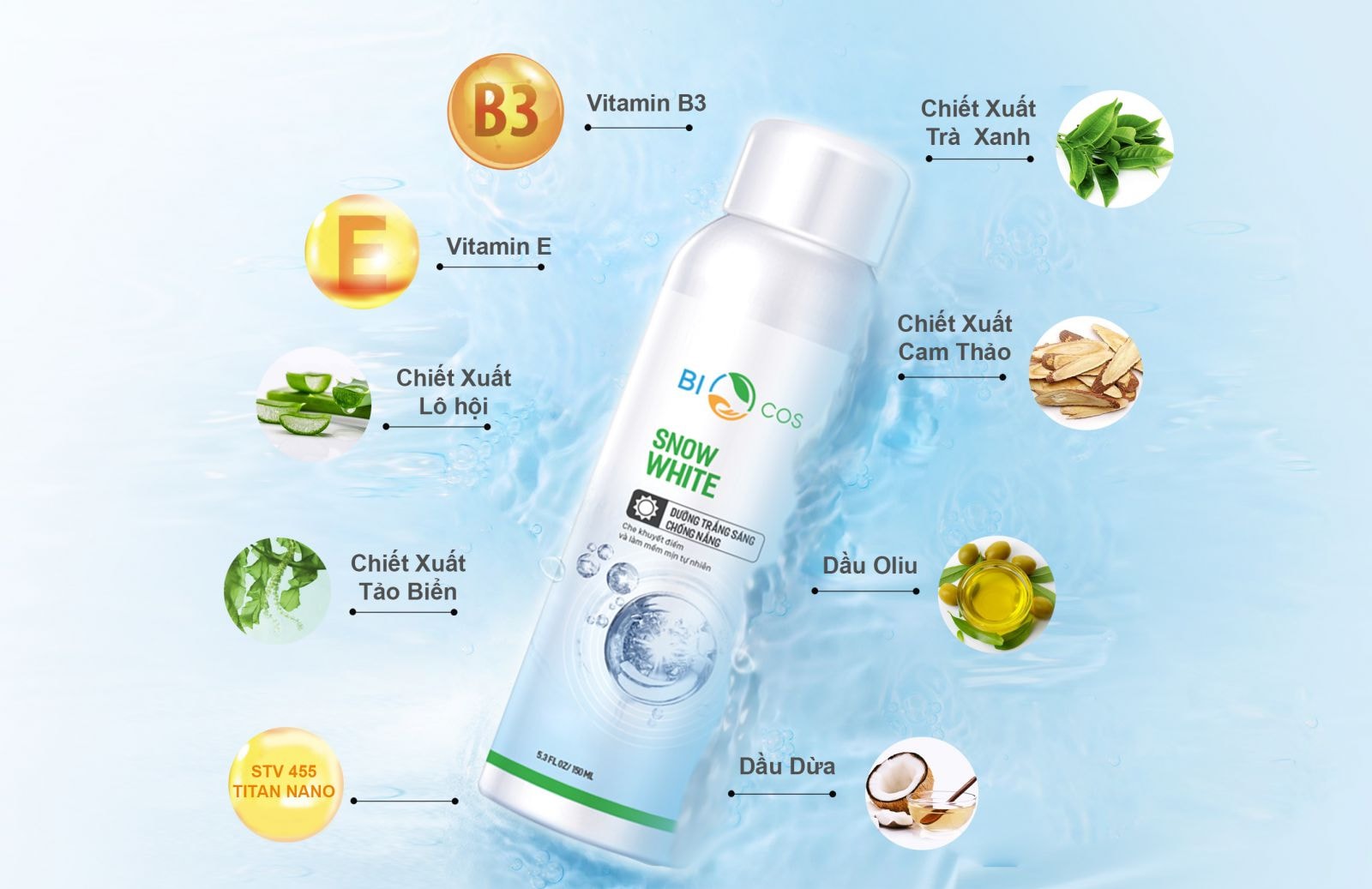Những thành phần thiên nhiên kết hợp hiệu quả với các tinh chất giúp da bật tông trắng sáng và được bảo vệ khỏi tia UV chỉ trong 1 lần xịt mát lạnh.