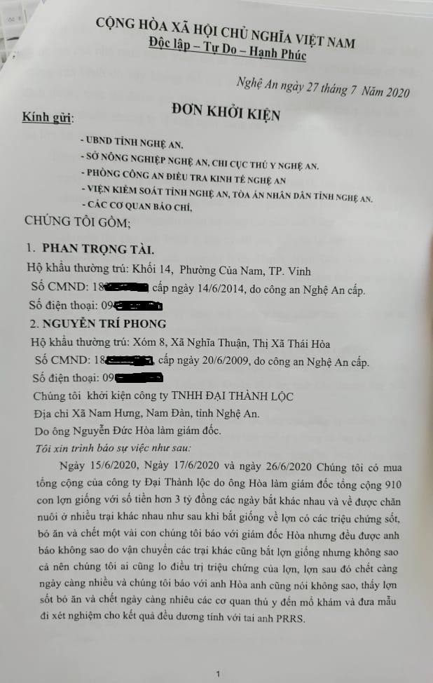 Trước thiết hại lớn khi mua heo giống từ Cty Đại Thành Lộc, khách hàng đã gửi đơn khởi kiện đơn vị này tới các cơ quan chức năng