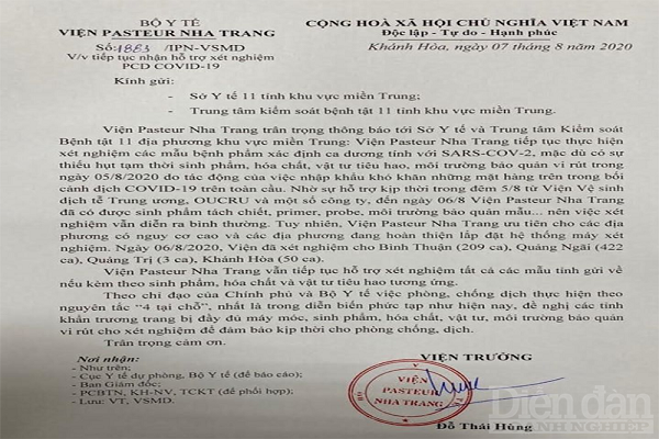 Văn bản của Viện Pasteur Nha Trang thông báo nhận hỗ trợ xét nghiệm COVID-19 trở lại