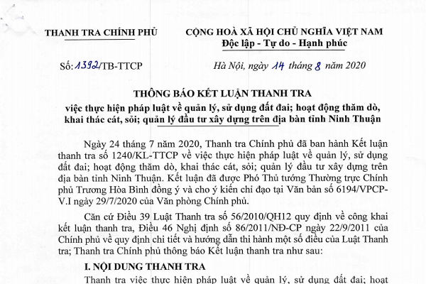 Kết luận Thanh tra chi rõ hành hoạt sai phạm về quản lý, sử dụng đất đai, hoạt động thăm dò, khai thác cát sỏi và đầu tư xây dựng của tỉnh Ninh Thuận.