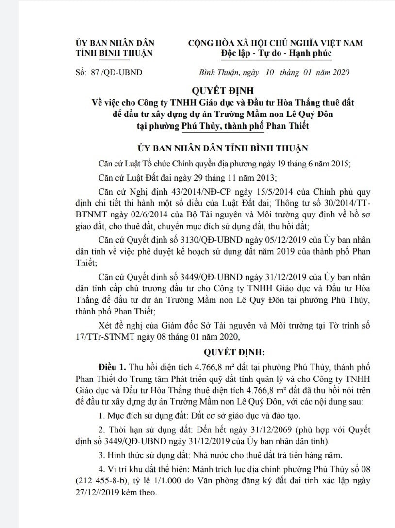 Quyết định số: 87 /QĐ-UBND Bình Thuận, ngày 10 tháng 01 năm 2020, về việc cho Công ty TNHH Giáo dục và Đầu tư Hòa Thắng thuê đất để đầu tư xây dựng dự án Trường Mầm non Lê Quý Đôn