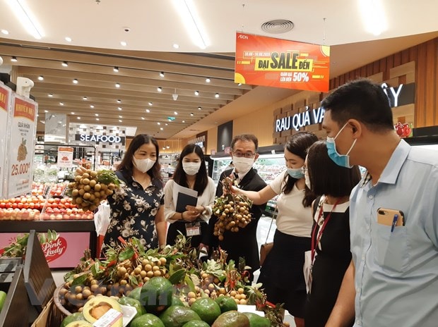 Lãnh đạo Sở Công Thương Hà Nội kiểm tra công tác đảm bảo cung ứng hàng hóa tại siêu thị. (Ảnh: Đức Duy/Vietnam+)