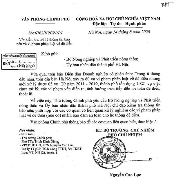 Công văn số 6762/VPCP-NNp/của Văn Phòng Chính phủ yêu cầu Bộ NN&PTNT, UBND TP Hà Nội kiểm tra, xử lý vi phạm pháp luật về đê điều ở Hà Nội