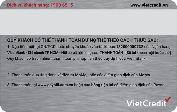 Mặt sau Thẻ Vay VietCredit do VietCredit phát hành