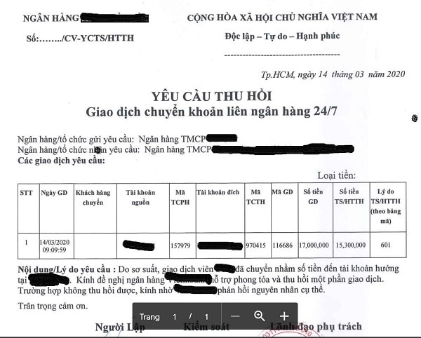 Một yêu cầu thu hồi giao dịch chuyển khoản từ một ngân hàng với một ngân hàng khác