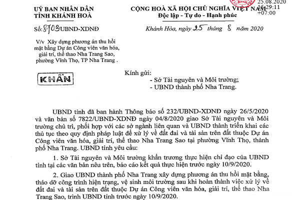 văn bản Khẩn chỉ đạo về việc xây dựng phương án thu hồi Dự án Công viên văn hóa, giải trí, thể thao Nha Trang Sao