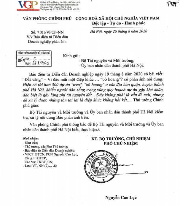 Thủ tướng yêu cầu Bộ Tài nguyên và Môi trường, UBND TP. Hà Nội kiểm tra, xử lý nội dung 300 dự án đất vàng bị bỏ hoang