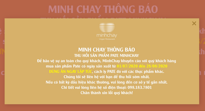 Thông báo hiển thị trên trang web chính thức của Pate Minh Chay. Ảnh chụp màn hình.