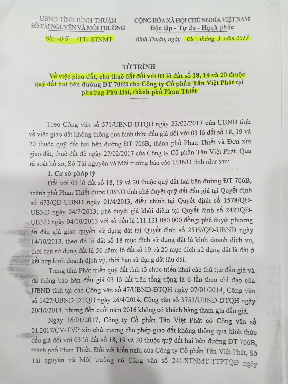 Tờ trình của Sở Tài nguyên và Môi trường cho doanh nghiệp thuê đất không qua đấu giá