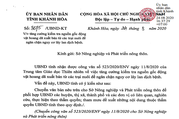 Văn bản chỉ đạo của UBND tỉnh Khánh Hòa