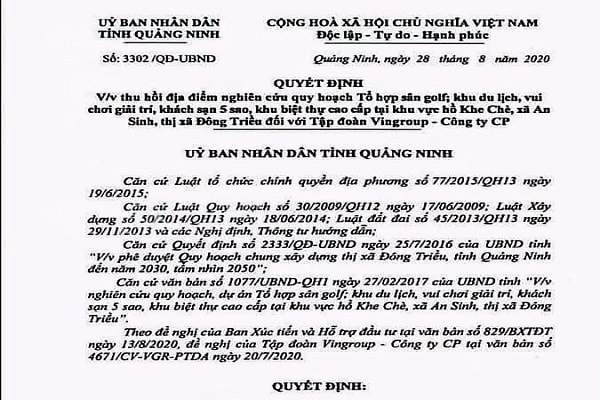 Quyết định thu hồi của UBND tỉnh Quảng Ninh