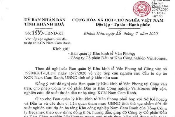 UBND tỉnh Khánh Hòa đồng ý cho Công ty cổ phần Đầu tư Khu công nghiệp Vinhomes nghiên cứu đầu tư Khu công nghiệp Nam Cam Ranh