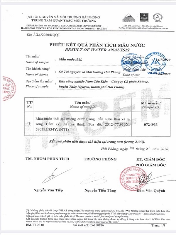 Kết quả phân tích mẫu nước tại đường ống dẫn nước xả thải ra sông Cấm tại KCN Nam Cầu Kiền