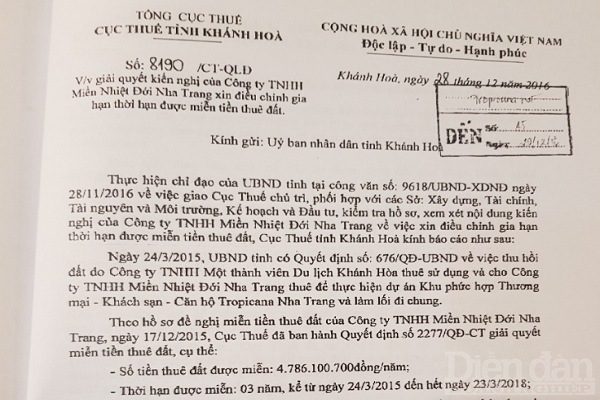 Trong Báo cáo của Cục Thuế Khánh Hòa không những đề cập miễn hơm 14 tỷ đồng tiền thuê đất mà còn đề xuất hỗ trợ thêm cho Dự án