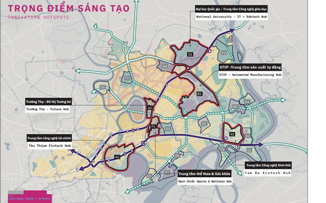 Theo ý tưởng quy hoạch của một công ty từ Mỹ là Sasaki Associates, Inc – đơn vị được UBND Tp.HCM trao giải nhất về quy hoạch khu đô thị sáng tạo phía Đông cuối năm ngoái, thành phố Thủ Đức trong tương lai sẽ có 6 trung tâm quan trọng.