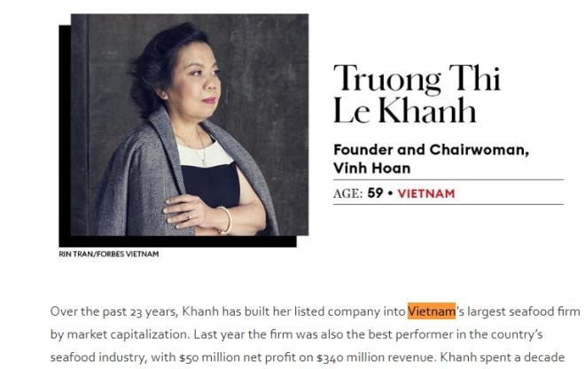 Bà Trương Thị Lệ Khanh - nhà sáng lập và Chủ tịch CTCP Vĩnh Hoàn. (Ảnh: Forbes)