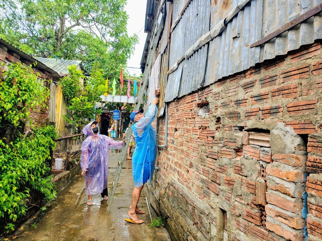 Người dân kiểm tra lại nhà, chằn dây cho chắc chắn.