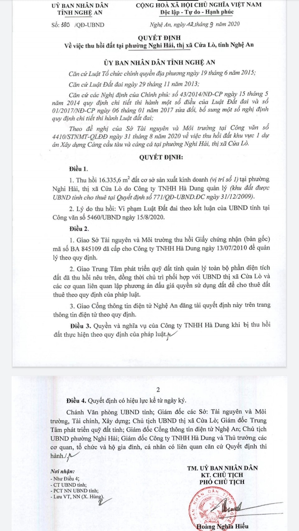 Tỉnh Nghệ An đã ban hành Quyết định thu hồi đất tại vị trí số 01 của dự án do Cty TNHH Hà Dung làm chủ đầu tư