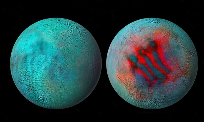 Ảnh chụp cực bắc mặt trăng Enceladus (trái) và cực nam (phải). Ảnh: NASA.