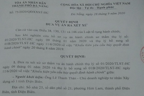 TAND TP Đà Nẵng vừa quyết định đưa vụ án Mường Thanh kiện Chủ tịch Thành phố Đà Nẵng ra xét xử vào ngày 19/10/2020.