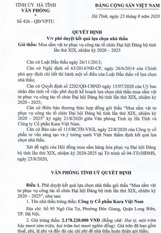 Quyết định về việc công ty CP Kara Việt Nam trúng gói thầu trị giá hơn 2 tỷ đồng 