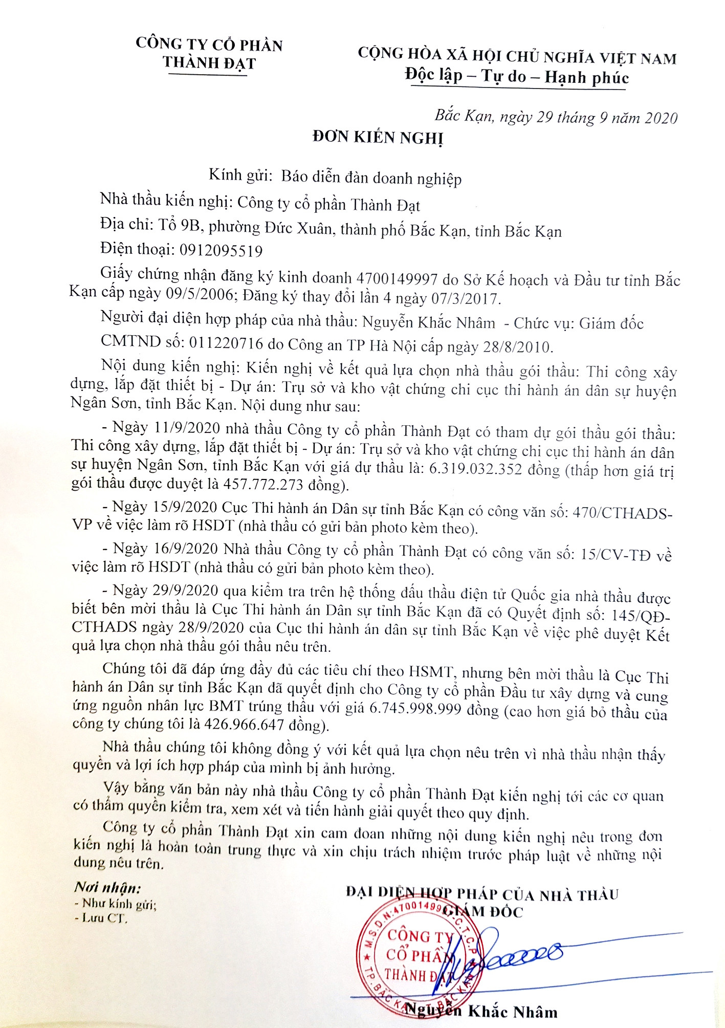  Đơn kiến nghị của Công ty CP Thành Đạt, Bắc Kạn gửi Diễn đàn Doanh nghiệp. 