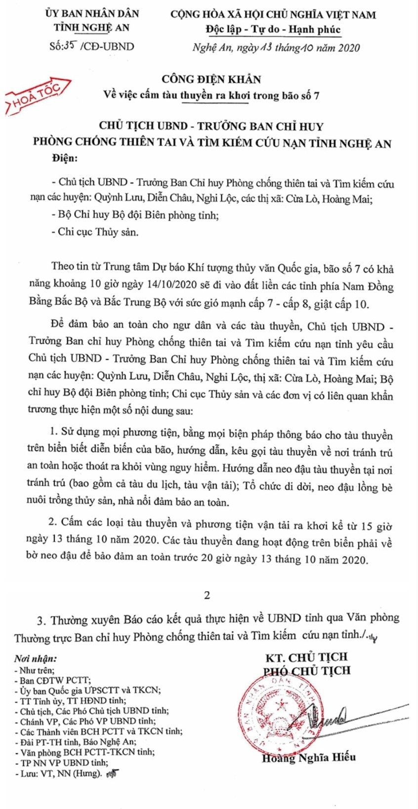 UBND tỉnh Nghệ An ban hành Công điện khẩn hỏa tốc gửi các đơn vị liên quan để ứng phó với bão số 7
