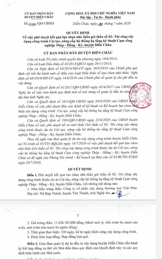 Kết quả phê duyệt lựa chọn nhà thầu cũng chỉ ghi Cty Việt Phát trúng thầu gói “Cải tạo, nâng cấp hệ thống hạ tầng kỹ thuật Cụm công nghiệp Tháp –Hồng –Kỷ, huyện Diễn Châu” với trị giá 11.436.183.000 đồng