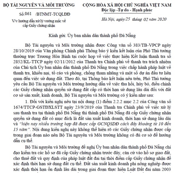 Bộ Tài nguyên và Môi trường đã có văn bản số 861/BTNMT-TCQLĐĐ gửi UBND TP Đà Nẵng về việc hướng dẫn xử lý vướng mắc về cấp Giấy chứng nhận quyền sử dụng đất liên quan đến kết luận 2852 của Thanh tra Chính phủ về sai phạm đất đai ở Đà Nẵng.