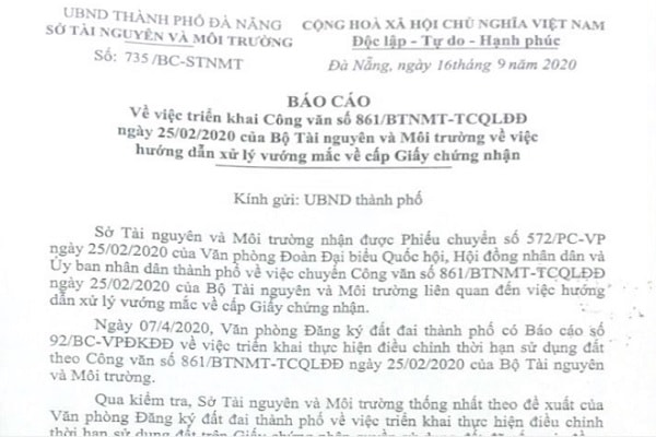 Sở Tài nguyên và Môi trường TP. Đà Nẵng đã có báo cáo số 735/BC-STNMT ngày 16/09/2020 gửi UBND TP Đà Nẵng.