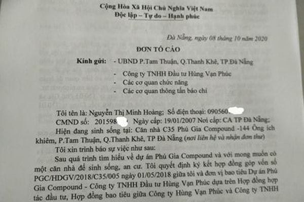 Đơn tố cáo của bà Hoàng - một hộ dân đang sinh sống tại dự án Phú Gia Compound