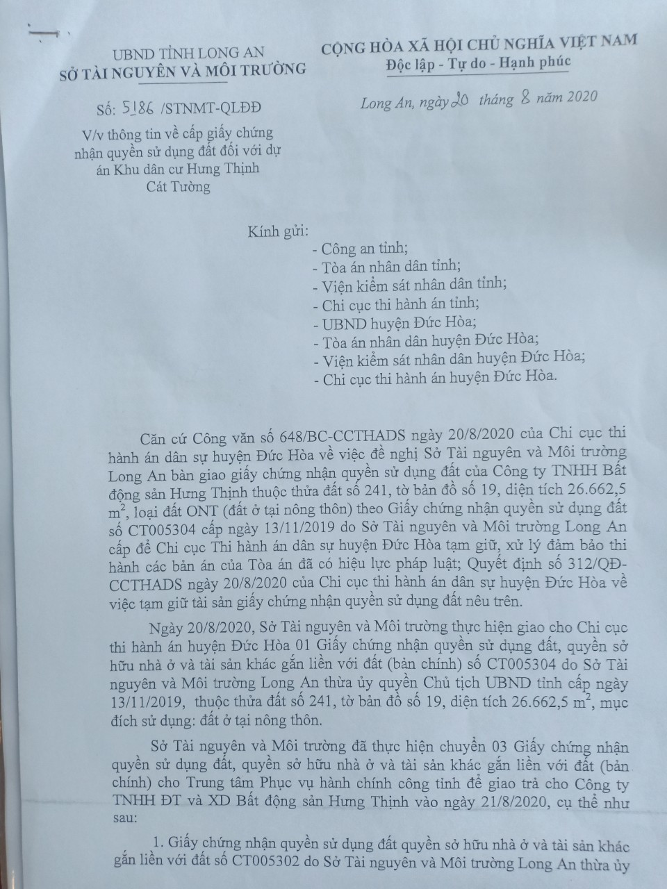 văn bản số 5186/STNMT-QLĐĐ về thông tin cấp giấy chứng nhậnp/đối với dự án Hưng Thịnh Cát TườngThịnh 